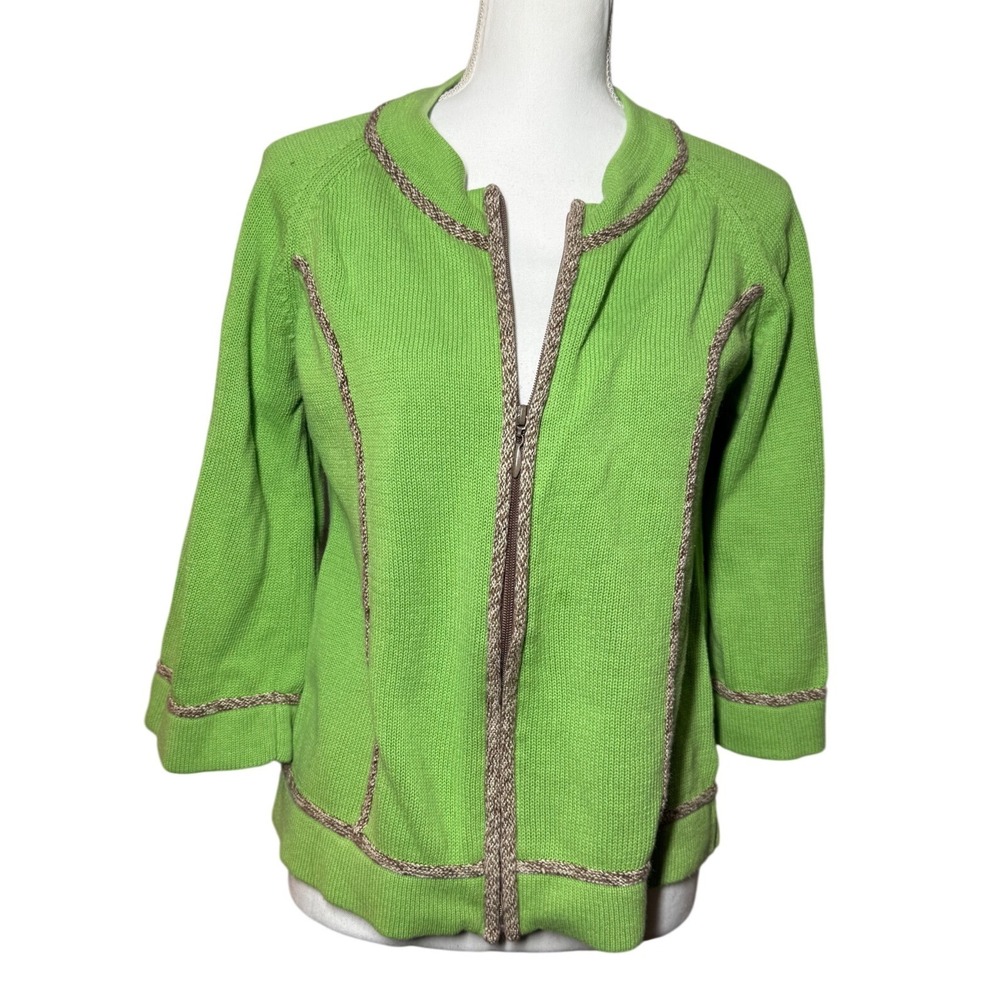 Coldwater Creek Zip Up Cardigan Sweater M Green Braided Trim 3/4 Sleeve